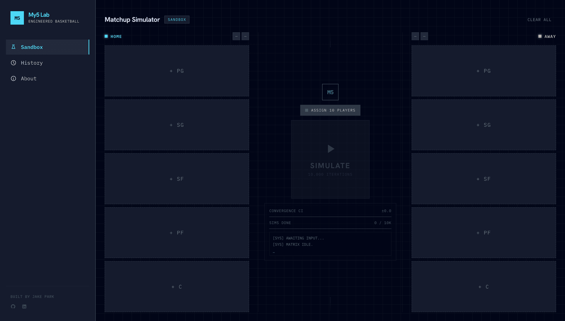 The My 5 lab interface, running a basketball matchup simulation.